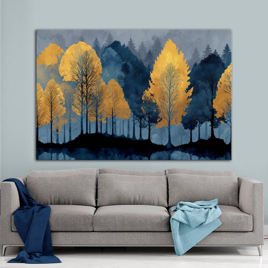 Blue Gold Forest Large Canvas Wall Art Print Fall Decor Autumn Art ...