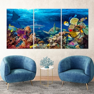 Underwater Life canvas wall art Sea Turtle Fish print Sea Animals wall decor Turtle canvas Underwater Extra Large wall art Housewarming gift