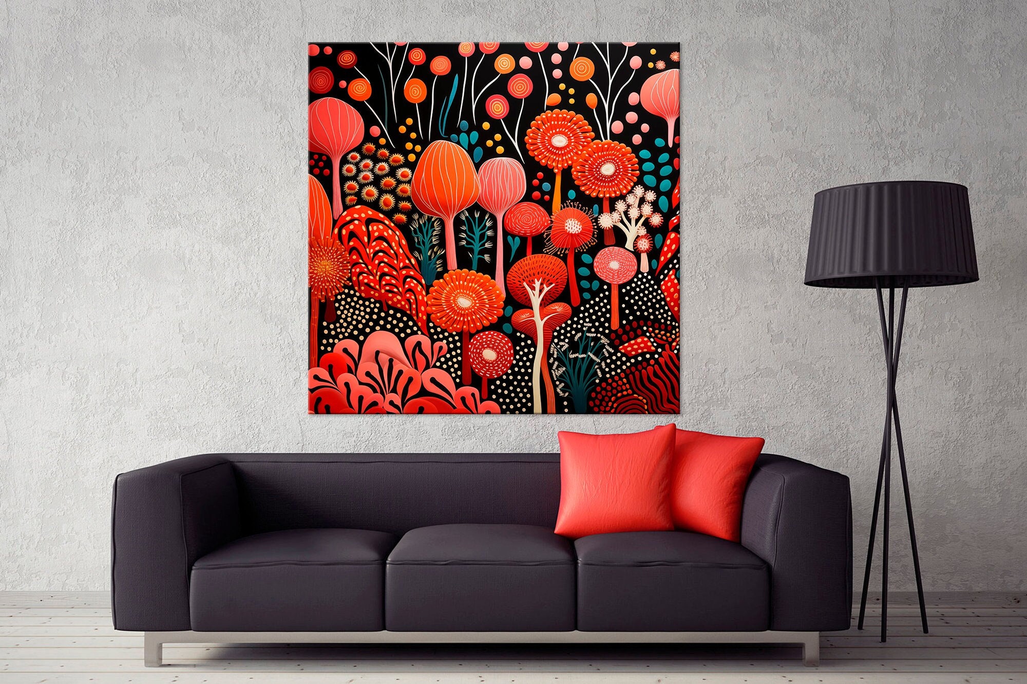 Abstract canvas wall art Botanical print Abstract flowers Folk painting Red home decor Modern art Living room wall art Floral canvas art