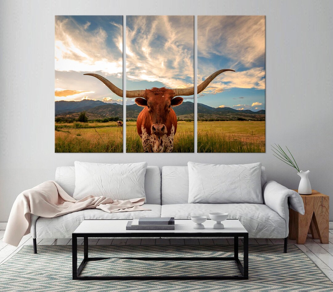 Texas Longhorn Canvas Wall Art Cow Print Farmhouse Wall Art Animal Southwestern Decor Texas