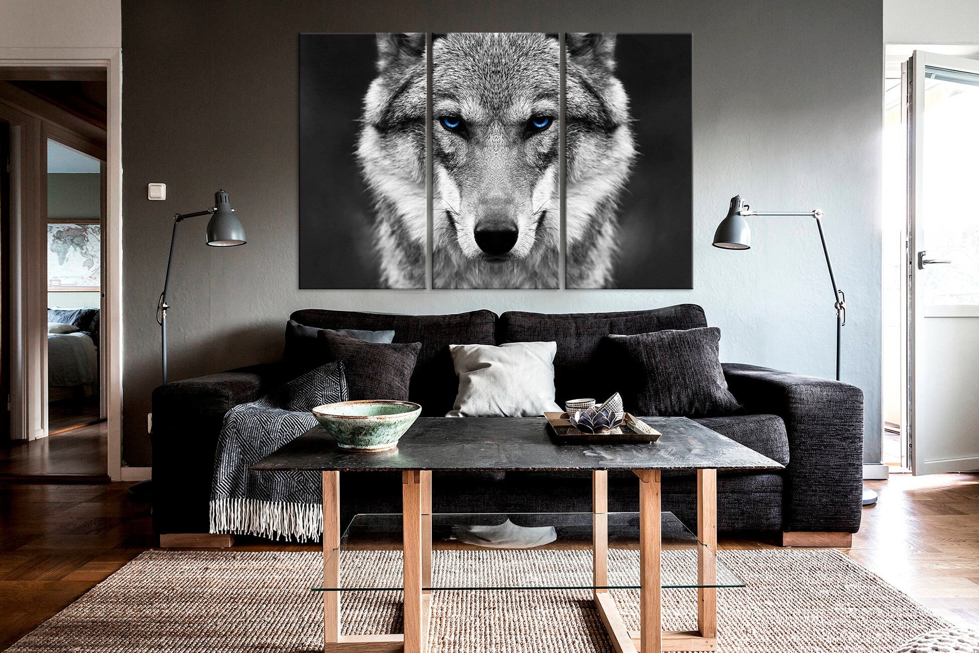 Wolf canvas wall art Wolf print Wolf Blue eyes Animal wall decor Wildlife art Wolf decor Multi panel canvas Extra Large Wall Art