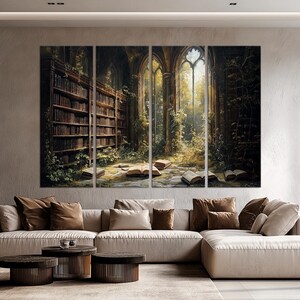 May include: A four-panel wall art set depicting an overgrown, ancient library interior with tall wooden bookshelves, stone floors, open books scattered on the ground, and large arched windows letting in golden light through lush green foliage.