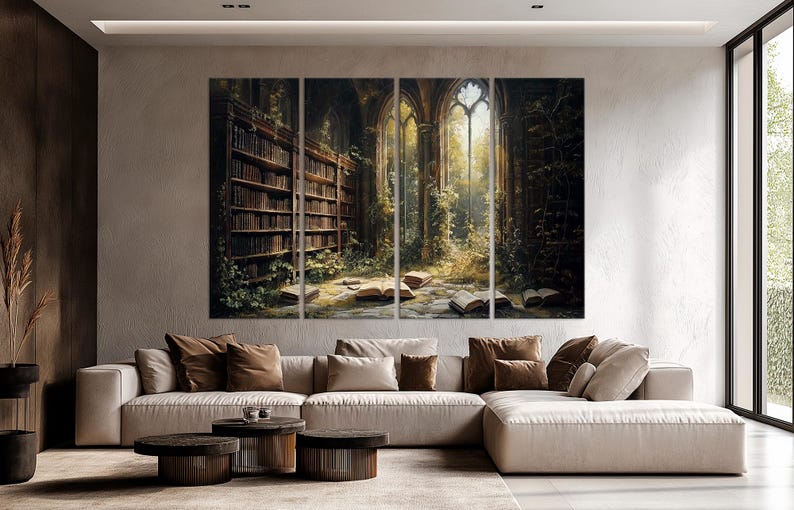 May include: A four-panel wall art set depicting an overgrown, ancient library interior with tall wooden bookshelves, stone floors, open books scattered on the ground, and large arched windows letting in golden light through lush green foliage.