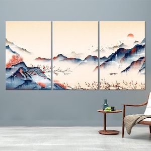 Japanese canvas wall art Mountain print Chinese landscape painting print Asian art Oriental painting Chinese wall decor Living room wall art