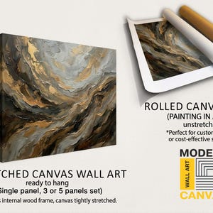 May include: A stretched canvas wall art piece and a rolled canvas print featuring an abstract painting with textured swirls of black, grey, and gold paint. The image includes text labels: STRETCHED CANVAS WALL ART and ROLLED CANVAS PRINT.