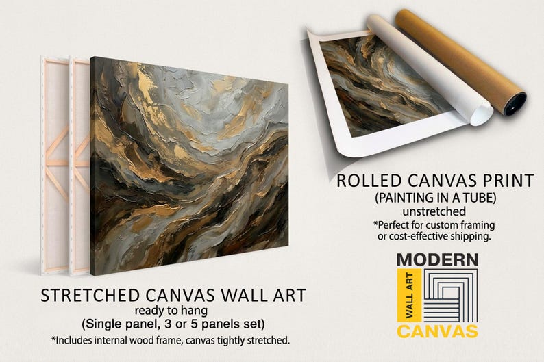 May include: A stretched canvas wall art piece and a rolled canvas print featuring an abstract painting with textured swirls of black, grey, and gold paint. The image includes text labels: STRETCHED CANVAS WALL ART and ROLLED CANVAS PRINT.