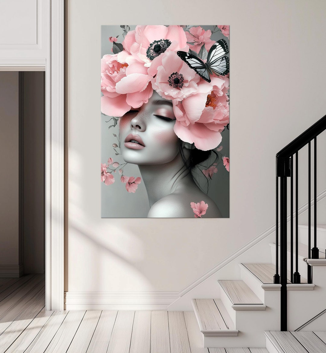 Woman Flower Head Canvas Wall Art Woman Painting Woman With Flowers ...