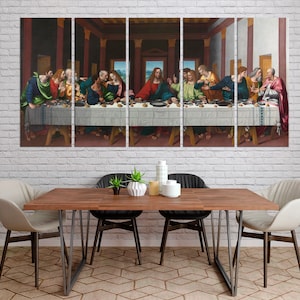 May include: A multi-panel canvas print depicting Leonardo da Vinci's famous painting, The Last Supper. The painting shows Jesus Christ and his disciples gathered around a table for a meal.