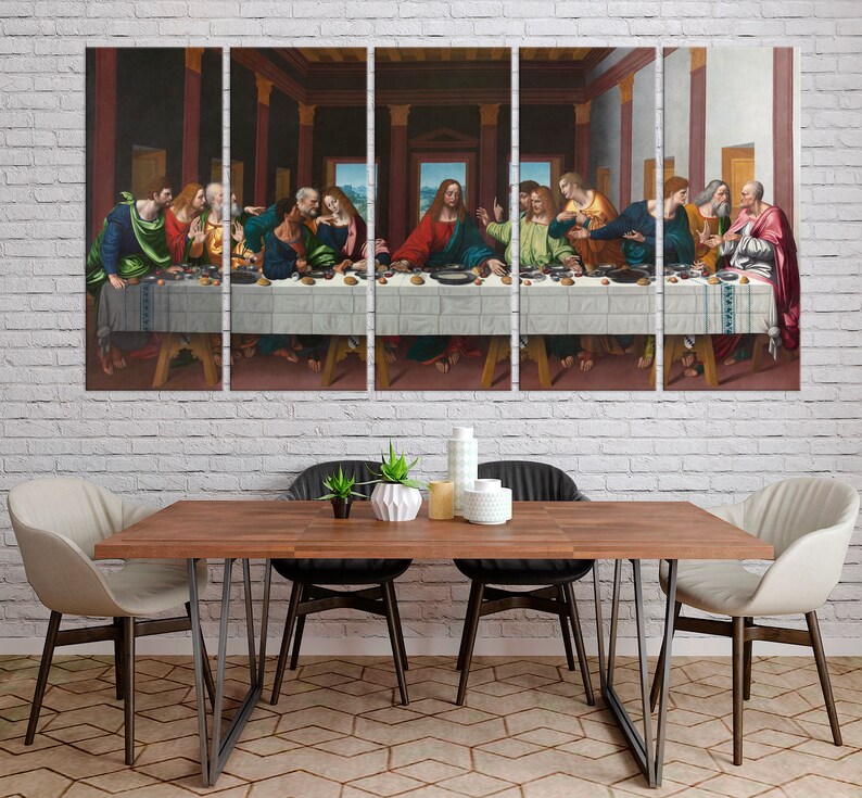 May include: A multi-panel canvas print depicting Leonardo da Vinci's famous painting, The Last Supper. The painting shows Jesus Christ and his disciples gathered around a table for a meal.