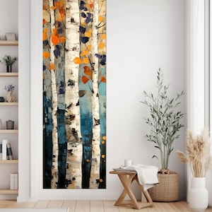 May include: Vertical canvas art depicting stylized birch trees. The artwork shows white tree trunks with black and blue accents, and orange and dark blue leaves. The painting has a textured appearance, suitable for home decor.