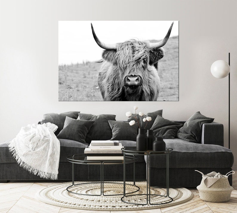 Highland cow canvas wall art Farmhouse decor Cow Black White print Rustic wall decor Animals painting Scottish cow art Housewarming gift