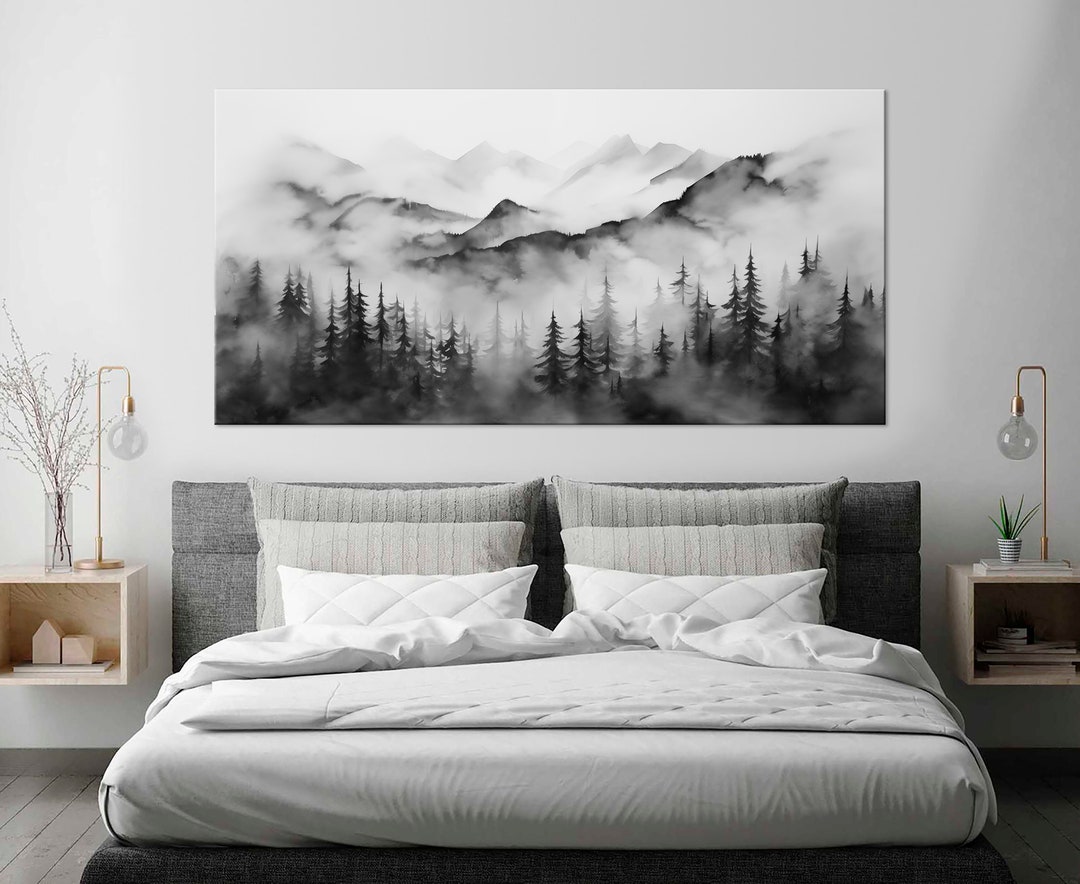 Foggy Forest Mountain Canvas Wall Art: Black White Watercolor Landscape ...