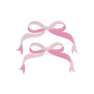 May include: Two pink satin bows with a light pink and dark pink color gradient. The bows are tied together with the tails of the bows extending out.