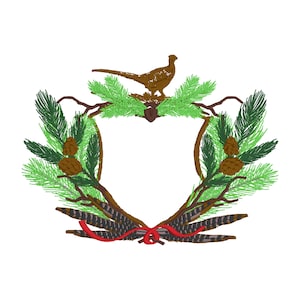 May include: A brown pheasant sits atop a green wreath made of pine branches and pine cones. The wreath is tied with a red ribbon and has brown feathers hanging from it.