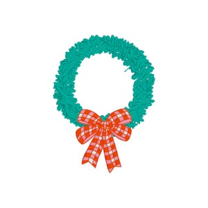 May include: A teal green wreath with a red and white checkered bow.