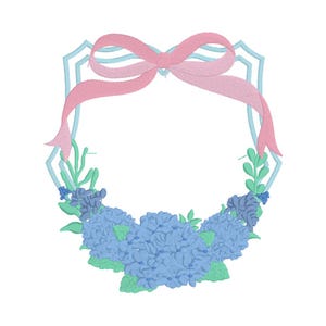 May include: A blue and green floral wreath with a pink ribbon bow. The wreath is in a geometric frame.