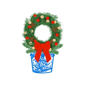 May include: A green Christmas wreath with red and cream baubles and pine cones, tied with a red bow, sits in a blue and white patterned planter.