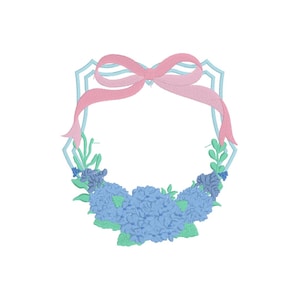 Hydrangea Bow Crest Embroidery Design 3.6" w x 4" h - Digital Machine Embroidery Design - PES - DST - JEF - hus - exp - vp3
