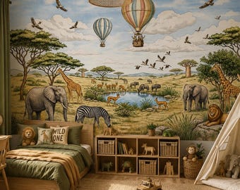 Safari Wallpaper for Kids Room, Jungle Animal Wall Mural with Hot Air Balloons, Elephant Giraffe Lion, Nursery Decor