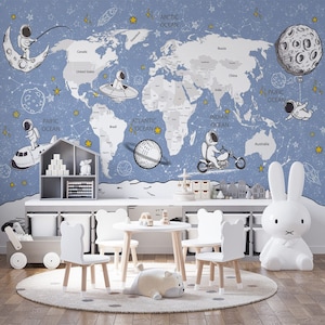 Weltkarte Weltraum Design - Wandbild Aufkleber Poster für Mädchen Jungen Bab - Detaillierte Weltkarte Wallpaper für Kinder