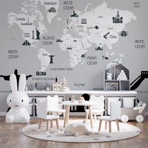 Mapa del mundo para niños con diseño de lugares famosos - Adhesivos para pared, pósteres para niñas, niños y bebés - Fondo de pantalla detallado con mapa del mundo para niños