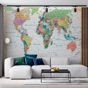 Carta da parati murale con mappa politica del mondo colorata per l'arredamento della casa - Grande mappa dettagliata del mondo con paesi, confini - Arredamento moderno per la casa