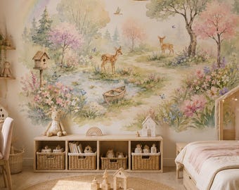 Woodland Nursery Wallpaper, Fairy Forest Wall Mural with Deer Rainbow and Wildflowers, Girls Room Decor