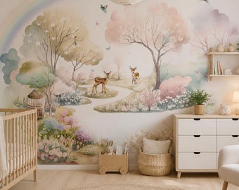 Fairy Nursery Wallpaper for Baby Girl Room, Peel and Stick Woodland Wall Mural, Pastel Accent Wall Decor