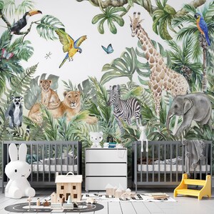 Carta da parati murale con animali da safari ad acquerello - Carta da parati murale con avventure nella giungla - Carta da parati con safari per bambini - Carta da parati con animali selvatici tropicali per la cameretta dei bambini