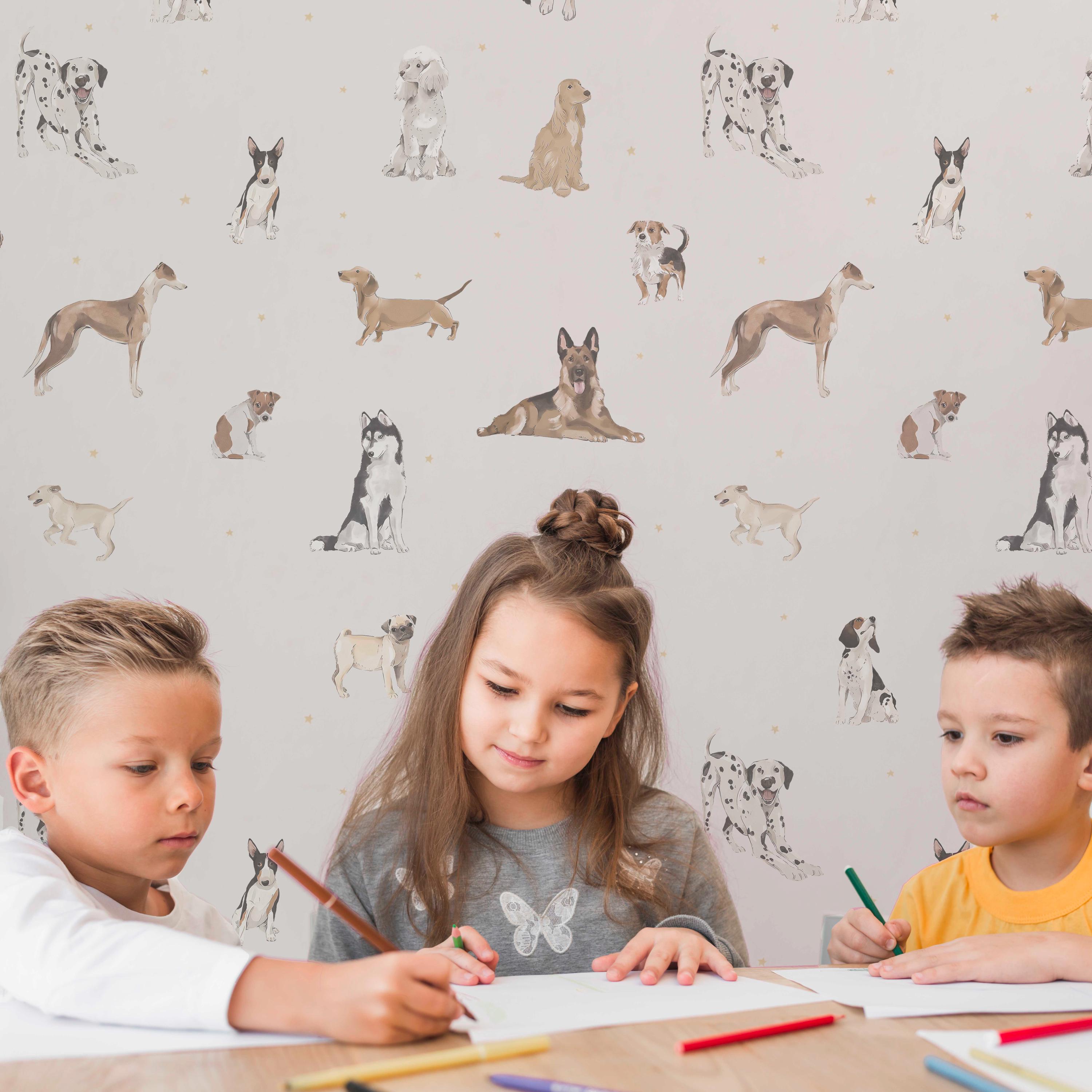 Dogs Pattern Wallpaper for Kids Room, Cute Puppy Nursery Wallpaper ...