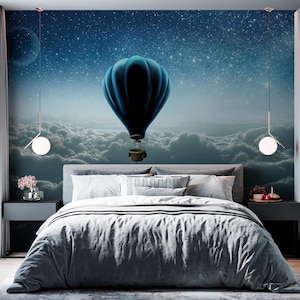 Carta da parati murale con avventura da sogno in mongolfiera - Carta da parati con mongolfiera celeste - Carta da parati con cielo notturno - Carta da parati che fluttua sopra le nuvole