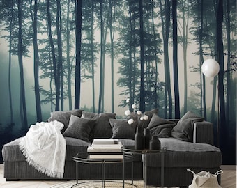 Foggy Forest Wall Mural, Moody Woodland Wallpaper, Misty Forest Landscape for Living Room or Bedroom