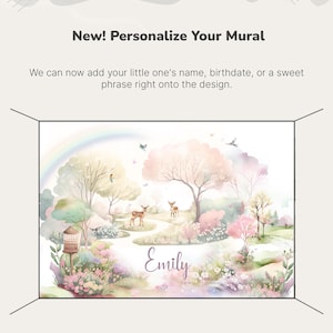 May include: A rectangular wall mural featuring a watercolour landscape with pastel trees, a rainbow, birds, and two deer. The name Emily is printed in script in the centre foreground. Text above reads New! Personalise Your Mural and below reads Just drop us a message &mdash; we'll make it truly yours.
