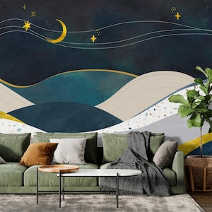 Carta da parati astratta con notte stellata - Carta da parati scura e suggestiva - Carta da parati glamour - Carta da parati rimovibile - Carta da parati tradizionale in tessuto non tessuto