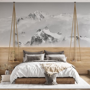 Carta da parati murale con picco di montagna in bianco e nero drammatico - Carta da parati murale con paesaggio montano innevato - Carta da parati con picco alpino - Panorama di cima di montagna