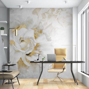 3D Floral Wall Mural Golden Peonies in White- Peony Wallpaper Mural-Delicate Floral Wall Mural-Pastel Floral Wallpaper-Blooming Flower Decor