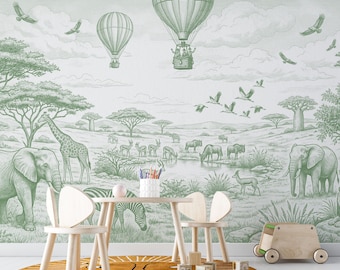Safari Wallpaper for Nursery, Green Toile Wall Mural with Elephant Giraffe Balloons, Peel and Stick Custom