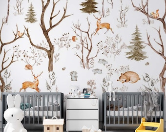 Bos kinderkamer bos Peel and Stick behang, verwijderbare dieren muurschildering, babykamer boom muur decor 001