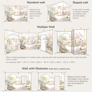 May include: An instructional infographic titled How to Measure Your Wall the Right Way, featuring diagrams for standard, sloped, multiple, and obstructed walls. It uses arrows to indicate width and height measurements for wallpaper installation.