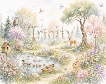 Woodland Nursery Wallpaper, Fairy Forest Wall Mural with Deer Rainbow and Wildflowers, Girls Room Decor