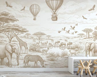 Safari Toile Wallpaper for Kids Room, Vintage Savanna Wall Mural with Elephant Giraffe Balloons, Peel and Stick Custom Size