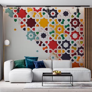 Bright Tiles Wallpaper - Vintage 3D Tile Watercolor Wallpaper - Traditional Non Woven Wallpaper -Modern Geometric Wallpaper Peel and Stick