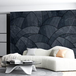 Dark Gray Marble Fan Tile Wallpaper Mural-Modern Geometric Arch Pattern Wall Decor-Deep Gray Faux Marble Arch Tile Art Deco Wallpaper Mural