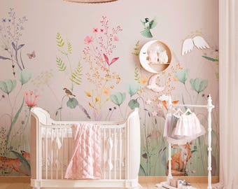Wildflower Meadow Fox Wallpaper for Nursery – Peel and Stick Botanical Wall Mural – Watercolor Birds Butterflies Kids Room Accent Wall