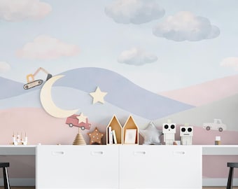 Pastel Hills Construction Vehicles Wallpaper Mural – Peel and Stick Boys Nursery Wall Decor – Trucks Excavator Kids Room – Custom Size