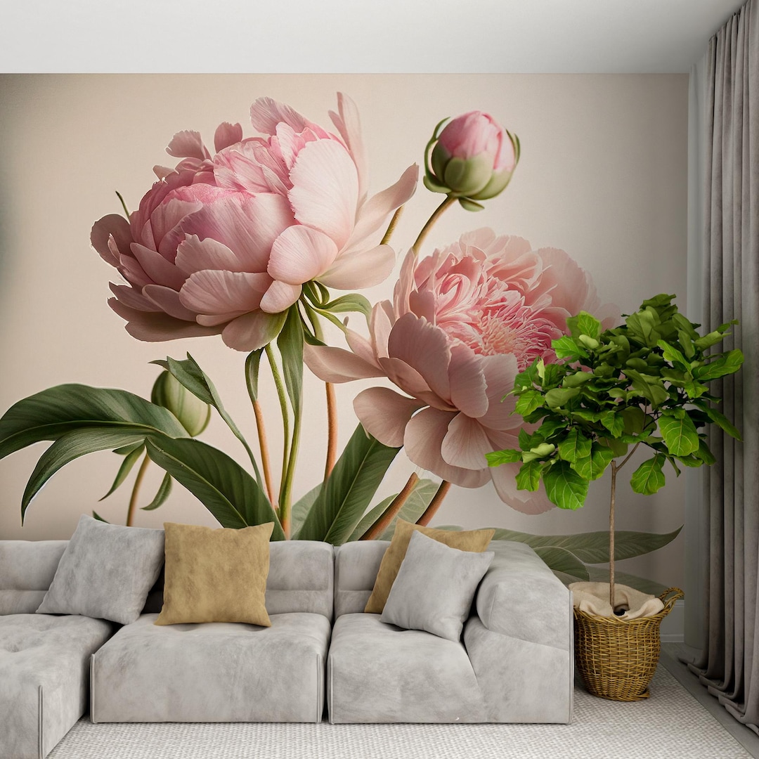 Vintage Peony Wallpaper Mural-delicate Pink Peonies on Beige Background ...