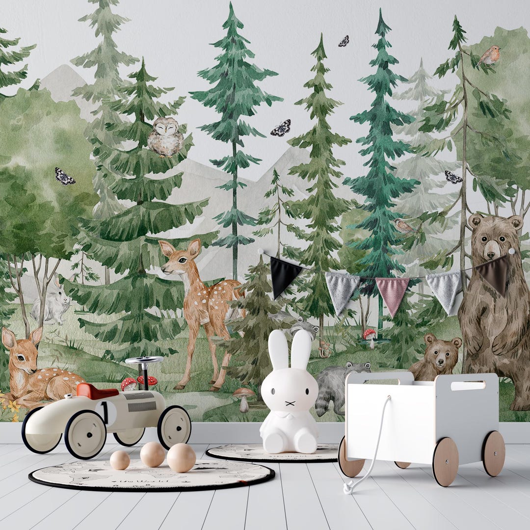 Woodland Animals Wall Mural for Kids Room, Forest Nursery Wallpaper ...