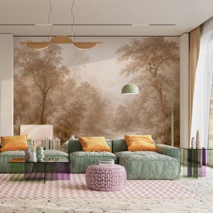 Neutral Forest Wall Mural | Beige Tree Wallpaper | Japandi Style Nature Decor | Minimalist Woodland Scene | Interior Design Art