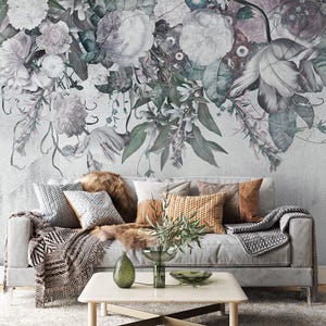 Carta da parati murale con piante sospese e fiori - Carta da parati murale con fiori shabby chic - Carta da parati botanica con sfondo in cemento Carta da parati tradizionale in tessuto non tessuto