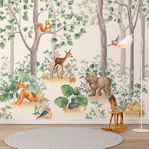Papier peint forêt magique pour enfants - Papier peint mural Forêt enchantée - Papier peint chambre d'enfant non tissé - Papier peint mural pour chambre d'enfants Animaux de la forêt